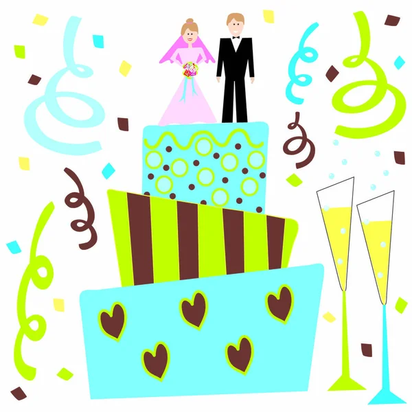 花嫁と新郎とレトロなウェディングケーキとシャンパン — ストックベクタ