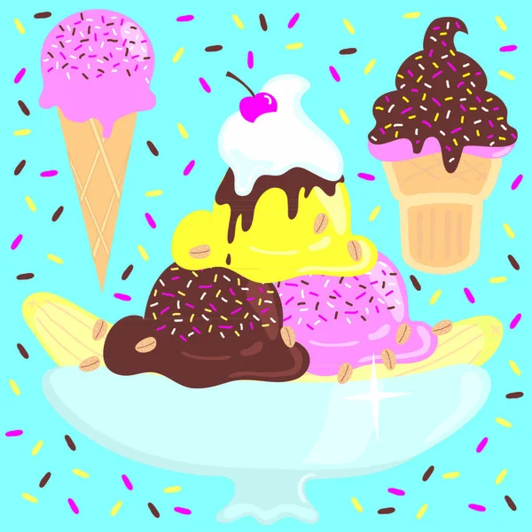 冰淇淋圣代 香蕉分裂 圆锥在一个五彩纸屑洒落背景 — 图库矢量图片