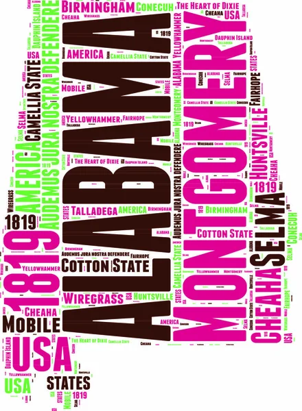 Alabama Stati Uniti America Mappa Vettoriale Tag Cloud Illustrazione — Vettoriale Stock