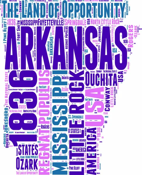 Arkansas Verenigde Staten Staat Kaart Vector Tag Cloud Illustratie — Stockvector