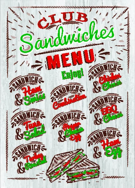 Sandwiches Menu Names Sandwiches Ham Swiss Chicken Cheese Tuna Salad — Stock Vector