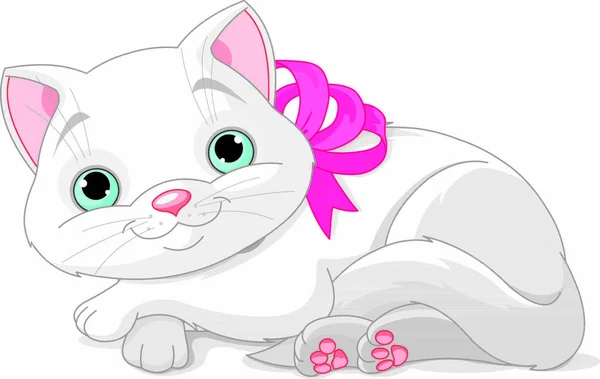 Illustrazione Carino Gatto Bianco Con Fiocco Rosa — Vettoriale Stock