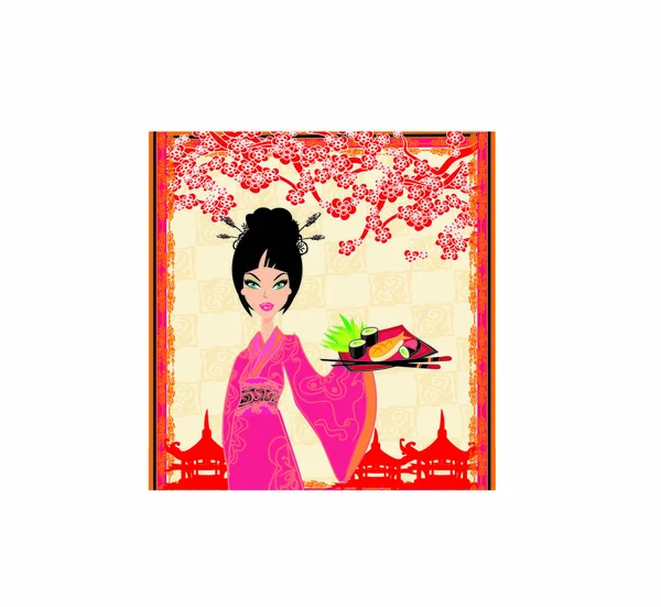 Traditional Japanese Pretty Girl Serves Sushi — Stock Vector