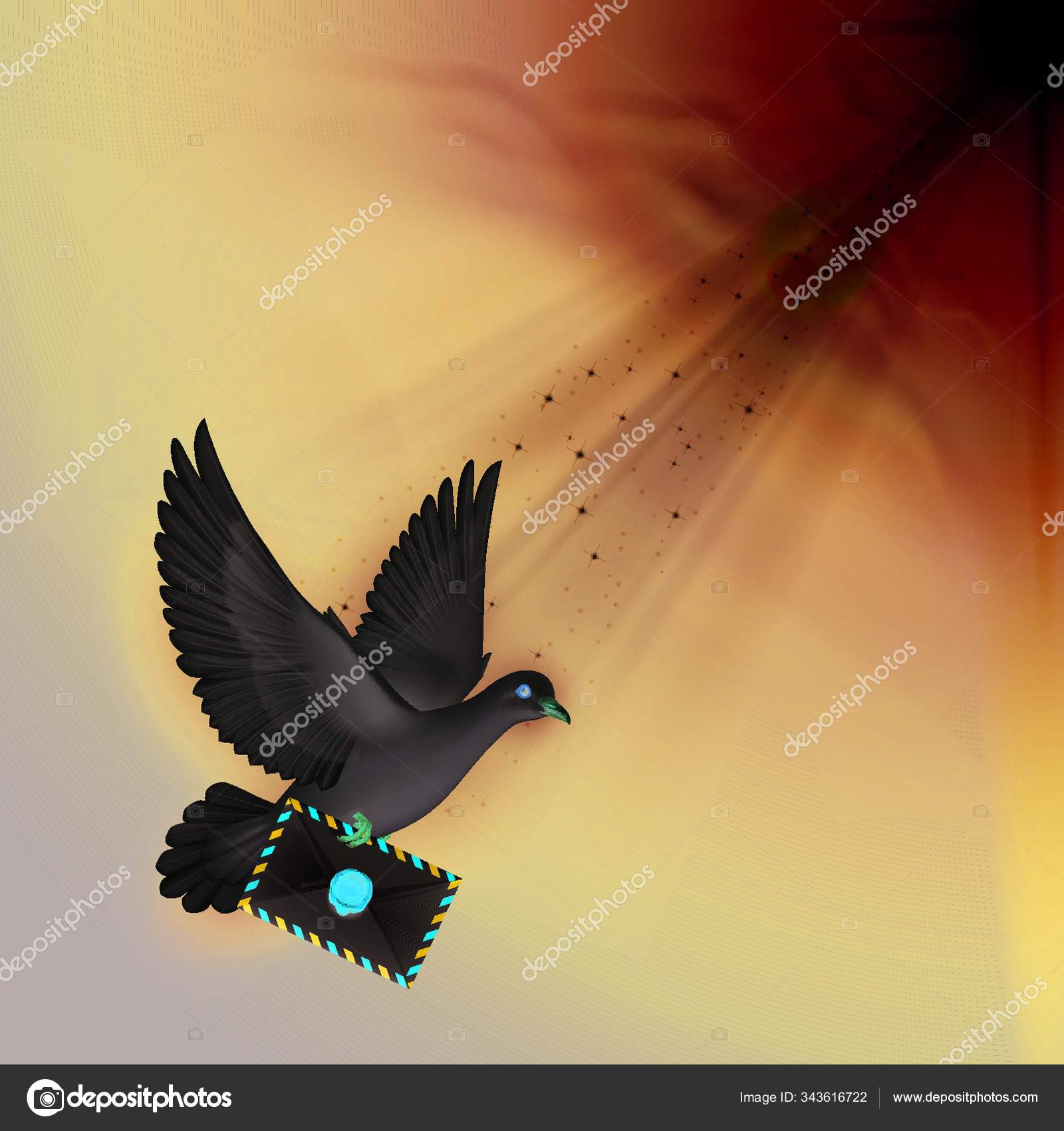 비둘기가 부리로 햇빛을 받으며 날으는 스톡 벡터 - ©YAYImages 343616722, image size:1600x1700
