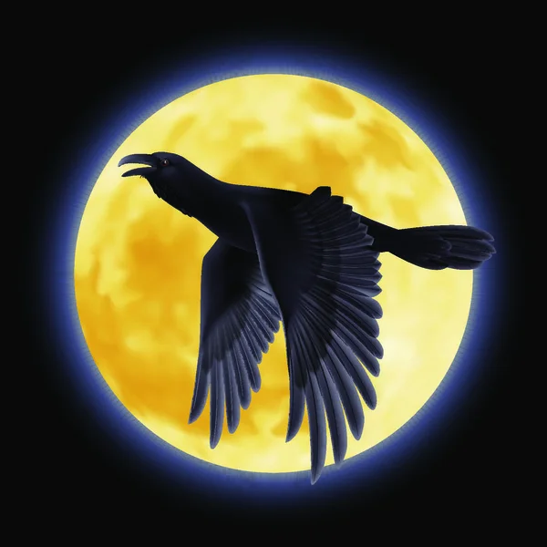 Schwarze Krähe Schwebt Auf Dem Hintergrund Einer Mondnacht — Stockvektor