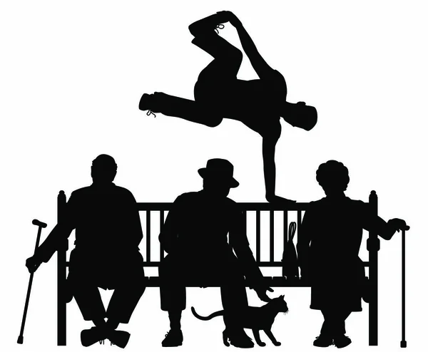 Silhouette Vectorielle Modifiable Jeune Homme Voûtant Trois Personnes Âgées Sur — Image vectorielle