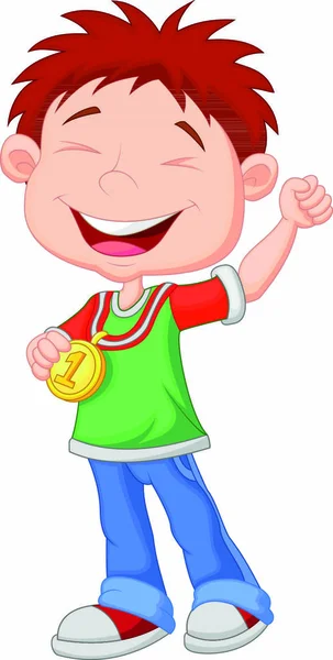 Ilustração Vetorial Menino Celebra Sua Medalha Ouro —  Vetores de Stock