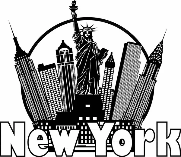 New York City Skyline Met Vrijheidsbeeld Zwart Witte Cirkel Outline — Stockvector