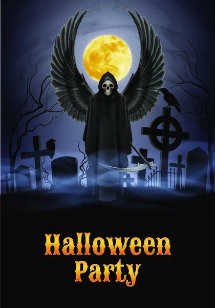 Halloween Party Ilustracja Sylwetka Czarnego Strasznego Scytheman Skrzydłami Stojącymi Starożytnej — Wektor stockowy
