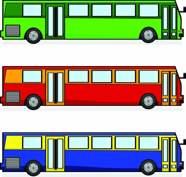 Cartoon Illustratie Van Drie Moderne Bussen Verschillende Kleuren — Stockvector