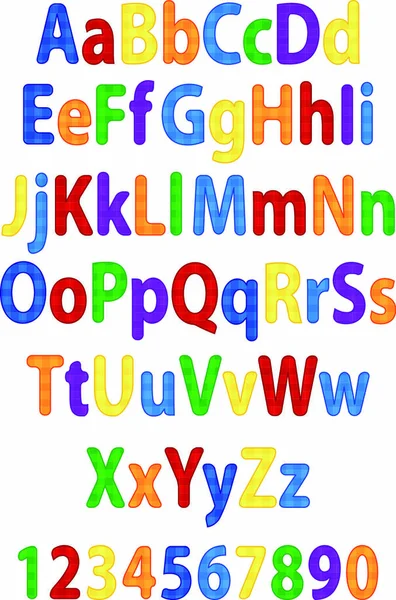 Zabawa Kolorowe Litery Alfabetu Cyfry Wektor Ilustracja — Wektor stockowy