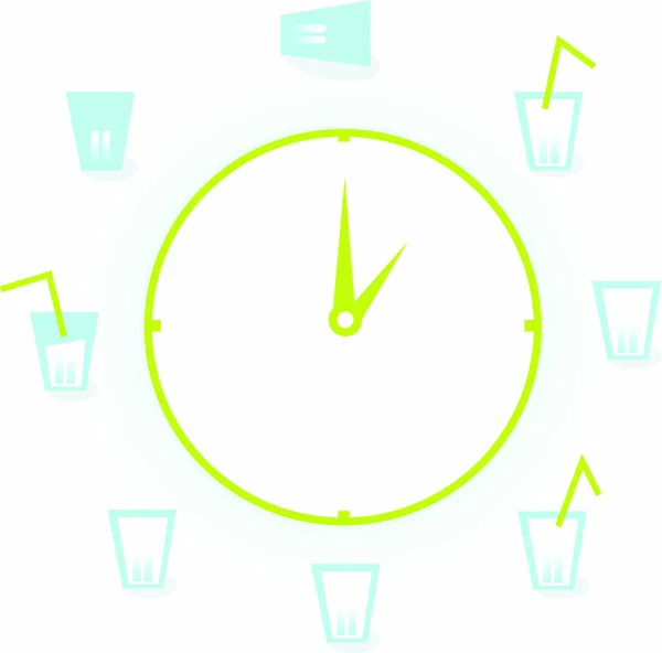 飲むんだ 健康のための新鮮な水の飲み物の9ガラスと時計のベクトルイラスト — ストックベクタ