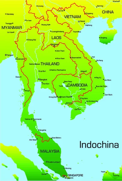Mapa Vectorial Los Países Indochina — Vector de stock