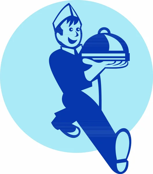 Retro Εικονογράφηση Ενός Σερβιτόρου Μάγειρας Φούρναρης Περπάτημα Σερβίρει Πιατέλα Των — Διανυσματικό Αρχείο