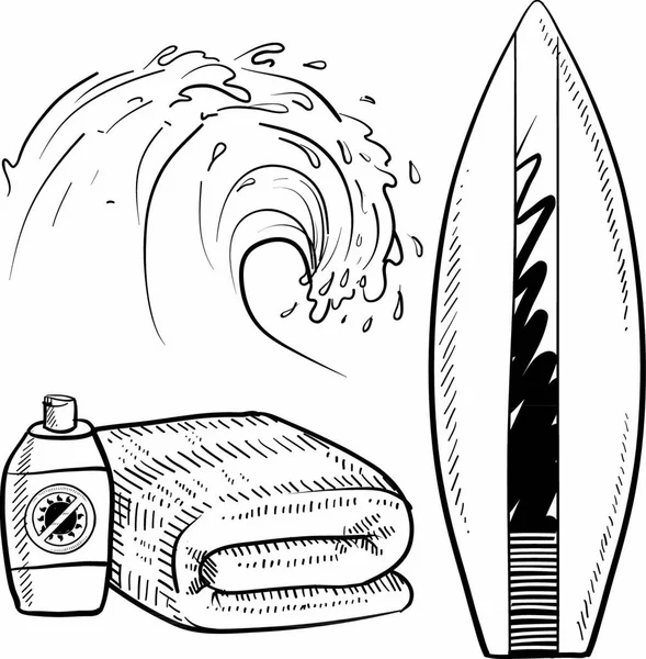 Doodle Στυλ Surfing Εργαλείο Σκίτσο Διανυσματική Μορφή Σετ Περιλαμβάνει Σανίδα — Διανυσματικό Αρχείο