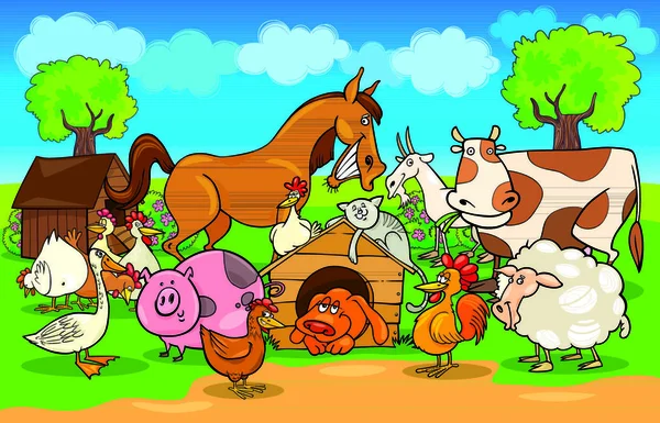 Ilustración Dibujos Animados Escena Rural Con Grupo Animales Granja — Vector de stock