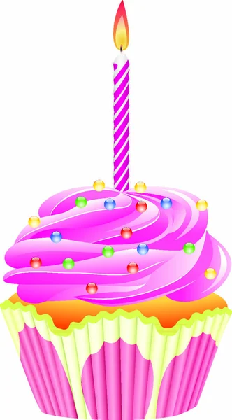 Cupcake Vector Con Vela Ardiente Chispas Brillantes — Vector de stock