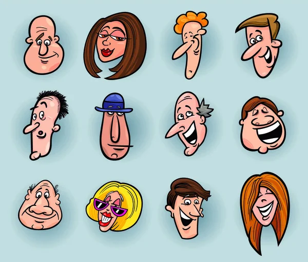 Cartoon Illustration Funny People Faces Set — Stock Vector