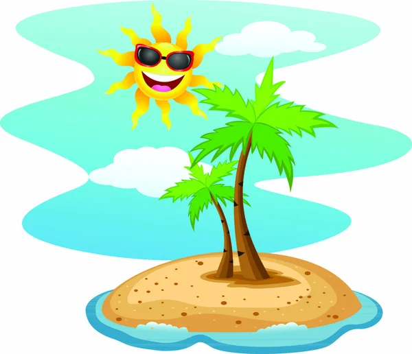 Векторна Ілюстрація Тропічного Острова Смішним Персонажем Сонця — стоковий вектор