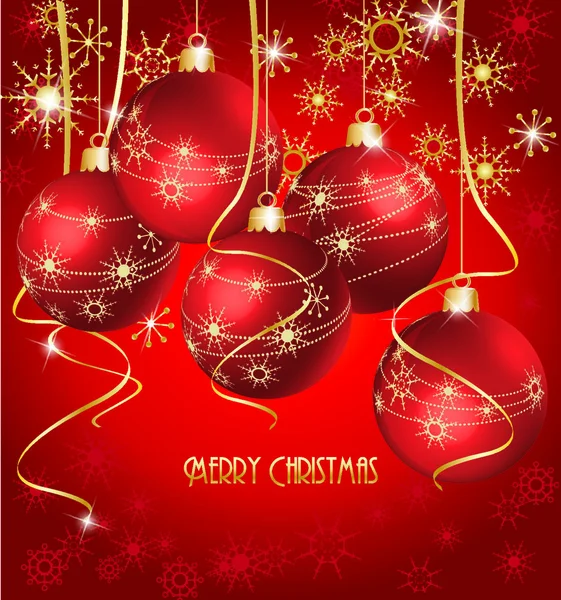 装飾されたクリスマスボールとクリスマスの赤い背景 — ストックベクタ