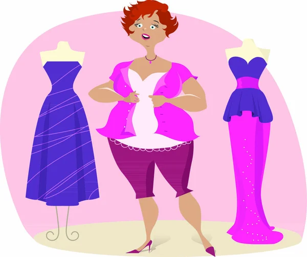 Decepcionado Dama Completa Probándose Vestidos — Vector de stock