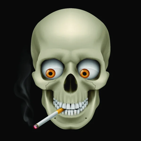 Cráneo Humano Con Ojos Cigarrillo Ilustración Sobre Fondo Negro — Archivo Imágenes Vectoriales