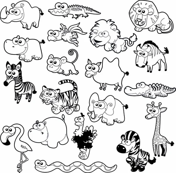 Familia Animales Savannah Caracteres Aislados Vectoriales Blanco Negro — Vector de stock