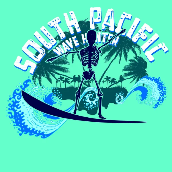 Palmeira Esqueleto Praia Surfista Arte Vetorial —  Vetores de Stock
