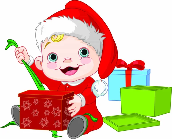 Bebê Bonito Abrir Presente Natal —  Vetores de Stock