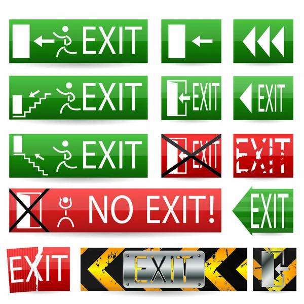 Various Exit Sign Designs Glow Grunge Effect — Stock Vector