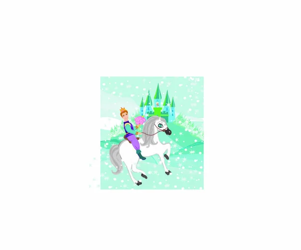 Príncipe Montando Caballo Princesa Día Invierno — Vector de stock