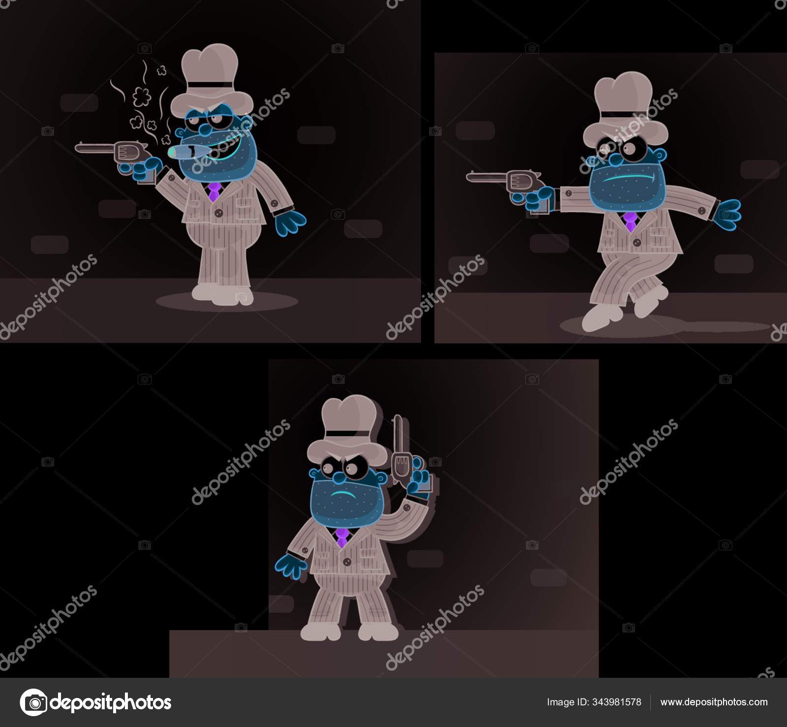 Vector Cartoon Mafia Boss Set Outline Three Cartoons Waiting Tiptoeing