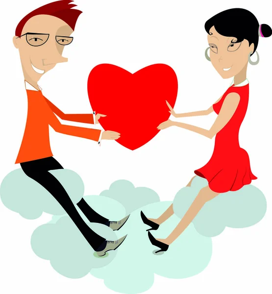 Dois Amantes Estão Sentados Nas Nuvens Segurando Coração —  Vetores de Stock