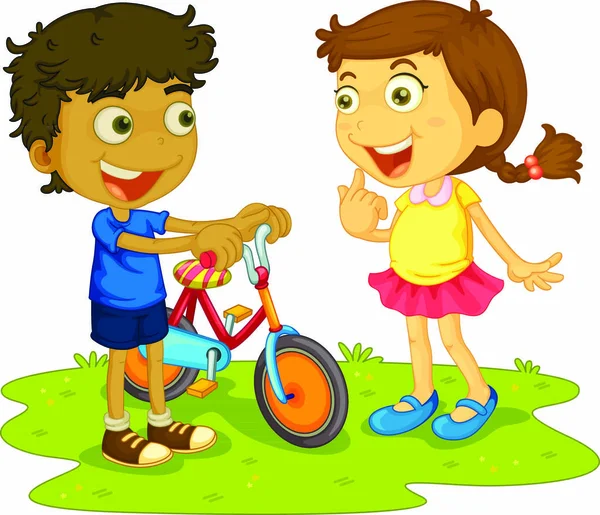 Illustration Enfants Plein Air Avec Vélo — Image vectorielle