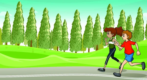 Εικονογράφηση Ενός Αγοριού Και Ενός Κοριτσιού Που Τρέχουν — Διανυσματικό Αρχείο
