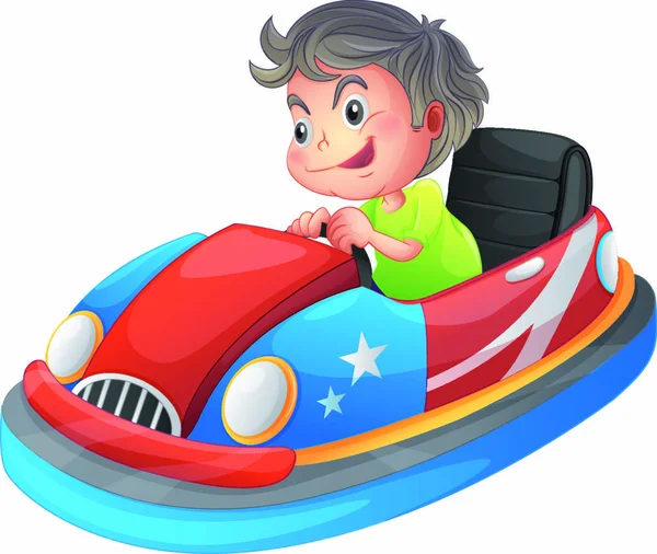 一个小男孩在白色背景上驾驶保险杠车的例子 — 图库矢量图片