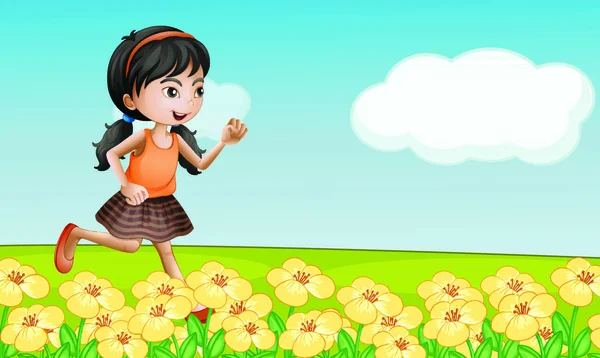 Ilustración Una Niña Corriendo Campo Flores — Archivo Imágenes Vectoriales