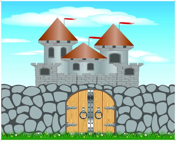 Illustration Steinmauer Und Altes Schloss Hintergrund Himmel — Stockvektor