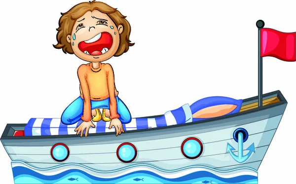 Illustration Eines Jungen Einem Boot Mit Roter Flagge Auf Weißem — Stockvektor