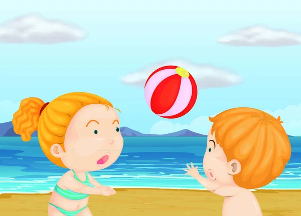 Ilustración Los Niños Jugando Voleibol Playa — Vector de stock