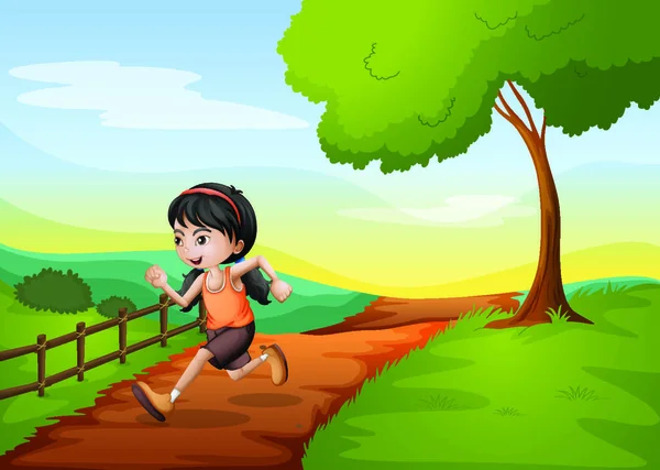 Εικονογράφηση Ενός Κοριτσιού Που Τρέχει Βιαστικά Στο Λόφο — Διανυσματικό Αρχείο