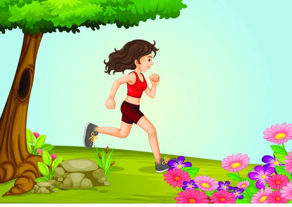 Ilustración Una Chica Corriendo Una Hermosa Naturaleza — Archivo Imágenes Vectoriales