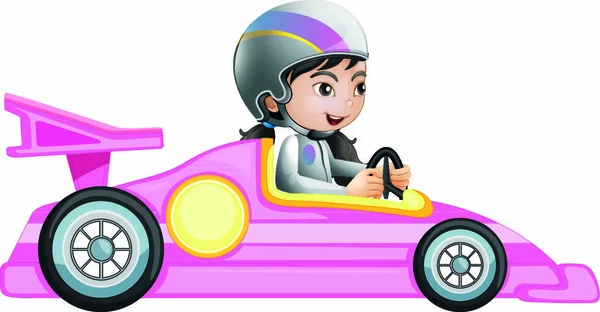 Ilustracja Dziewczyny Jadącej Różowym Samochodem Wyścigowym Białym Tle — Wektor stockowy