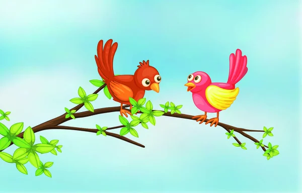 Illustratie Van Een Paar Vogels Een Dunne Tak Van Boom — Stockvector