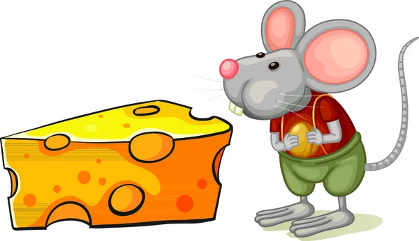 Illustration Einer Scheibe Käse Neben Der Maus Auf Weißem Hintergrund — Stockvektor