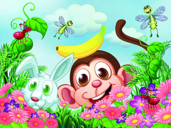 Ilustración Mono Conejo Jardín Con Insectos — Vector de stock