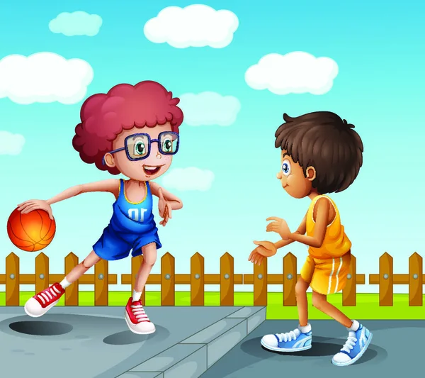 Ілюстрація Двох Хлопчиків Які Грають Баскетбол — стоковий вектор