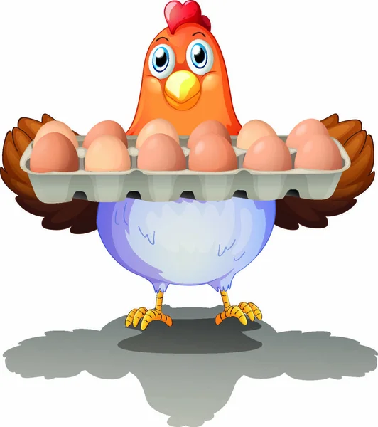 白い背景に卵のトレイを保持する鶏のイラスト — ストックベクタ