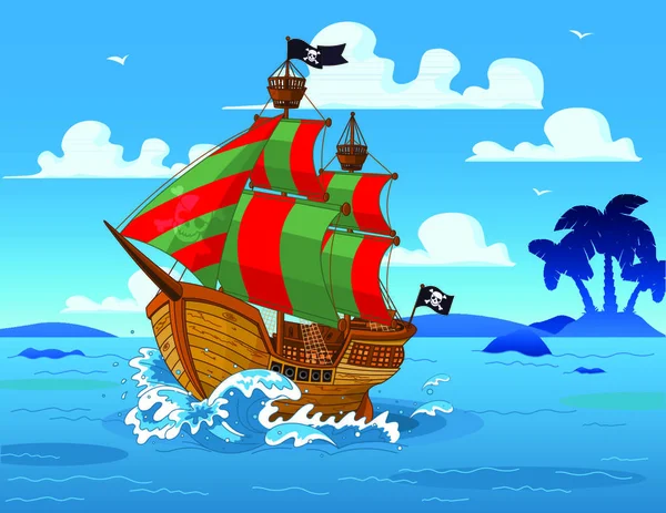 Barco Pirata Navega Los Mares — Vector de stock