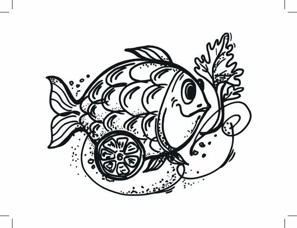 Ζωγραφισμένα Στο Χέρι Γελοιογραφία Σκίτσο Απεικόνιση Των Ψαριών Πιάτο Λεμόνι — Διανυσματικό Αρχείο